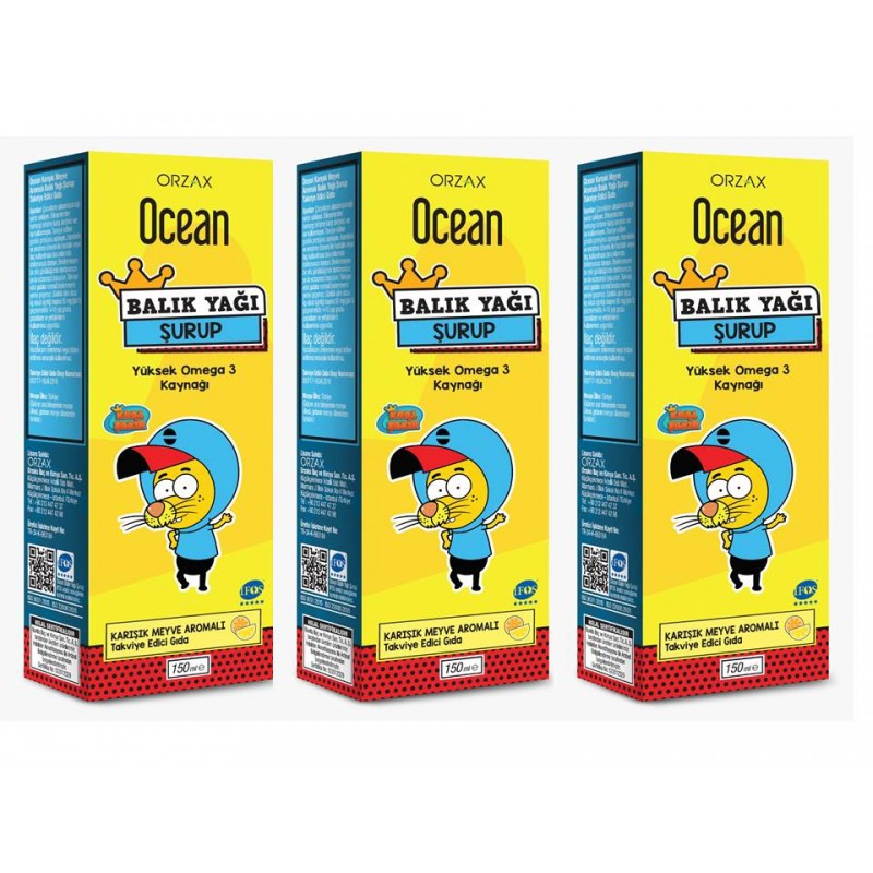 Orzax Ocean Balık Yağı Şurubu KARIŞIK Meyve Aromalı 150ml 3'lü Paket