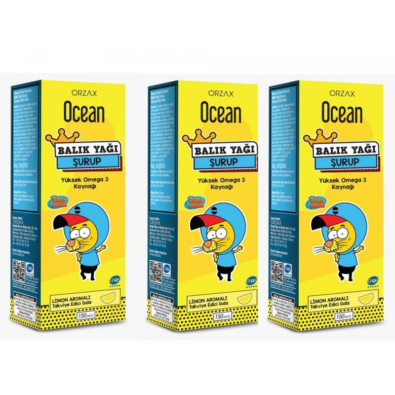Orzax Ocean Balık Yağı Şurubu LİMON Aromalı 150ml 3'lü Paket